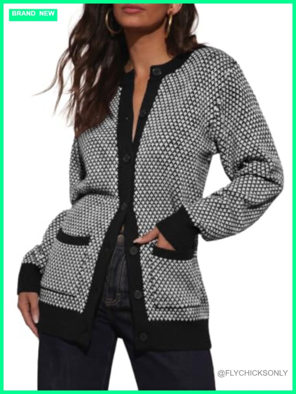 Women's Button Down Plaid Cardigan Sweater Crew Neck Chunky Knit